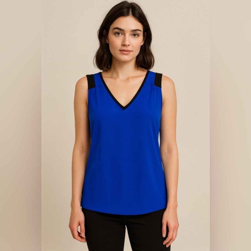 Calvin Klein Blue and Black V-Neck Women's Top.       Size-Medium